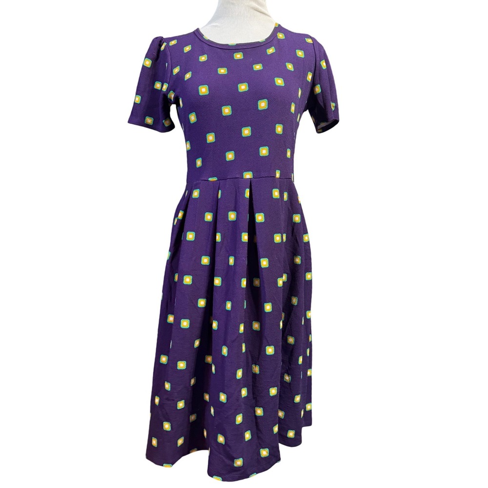 LuLaRoe Purple Midi Dress with Lime and Teal Square Print
